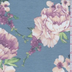 1 YD PC-Dusty Blue-Apricot Floral Double Brushed French Terry Knit Fabric