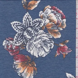 1 YD PC-Ink/Brick Stylized Floral Double Brushed French Terry Knit Fabric