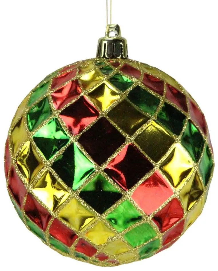 100MM Red, Emerald & Gold Indented Diamond Ball Ornament