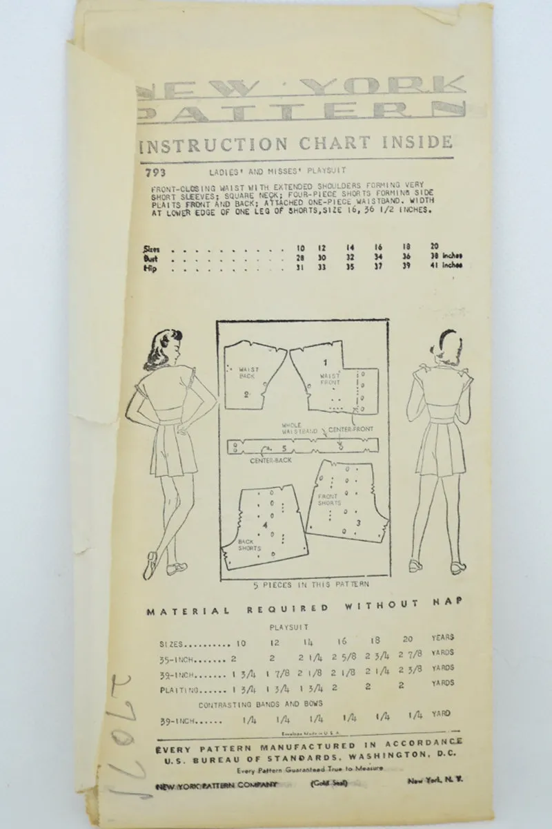 1940s New York 793 Vintage Shorts & Top Playsuit Sewing Pattern