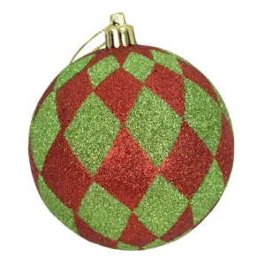 5.5” Apple Green / Red Harlequin Print Glitter Ball Ornament | XJ