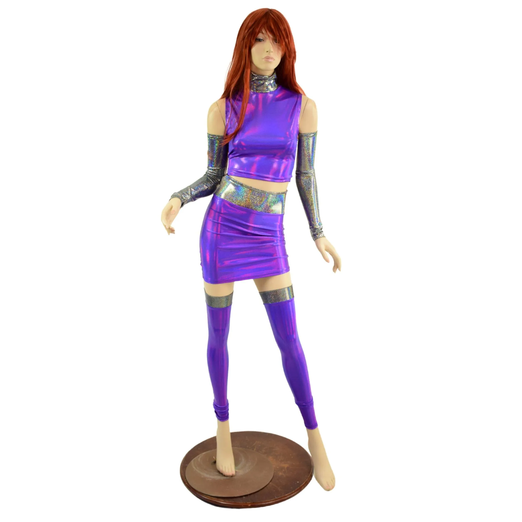 6PC Purple Crop Top & Skirt Set with Silver Holo Trim and Arm & Leg Warmers