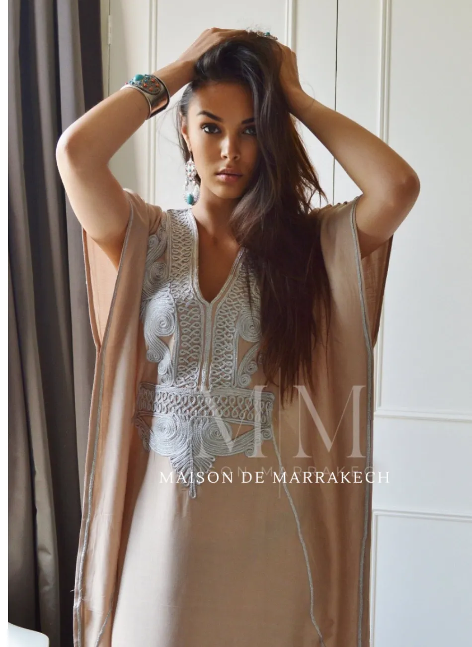 Beige Marrakech Resort Lounge Wear Caftan Kaftan with Silver Embroidery