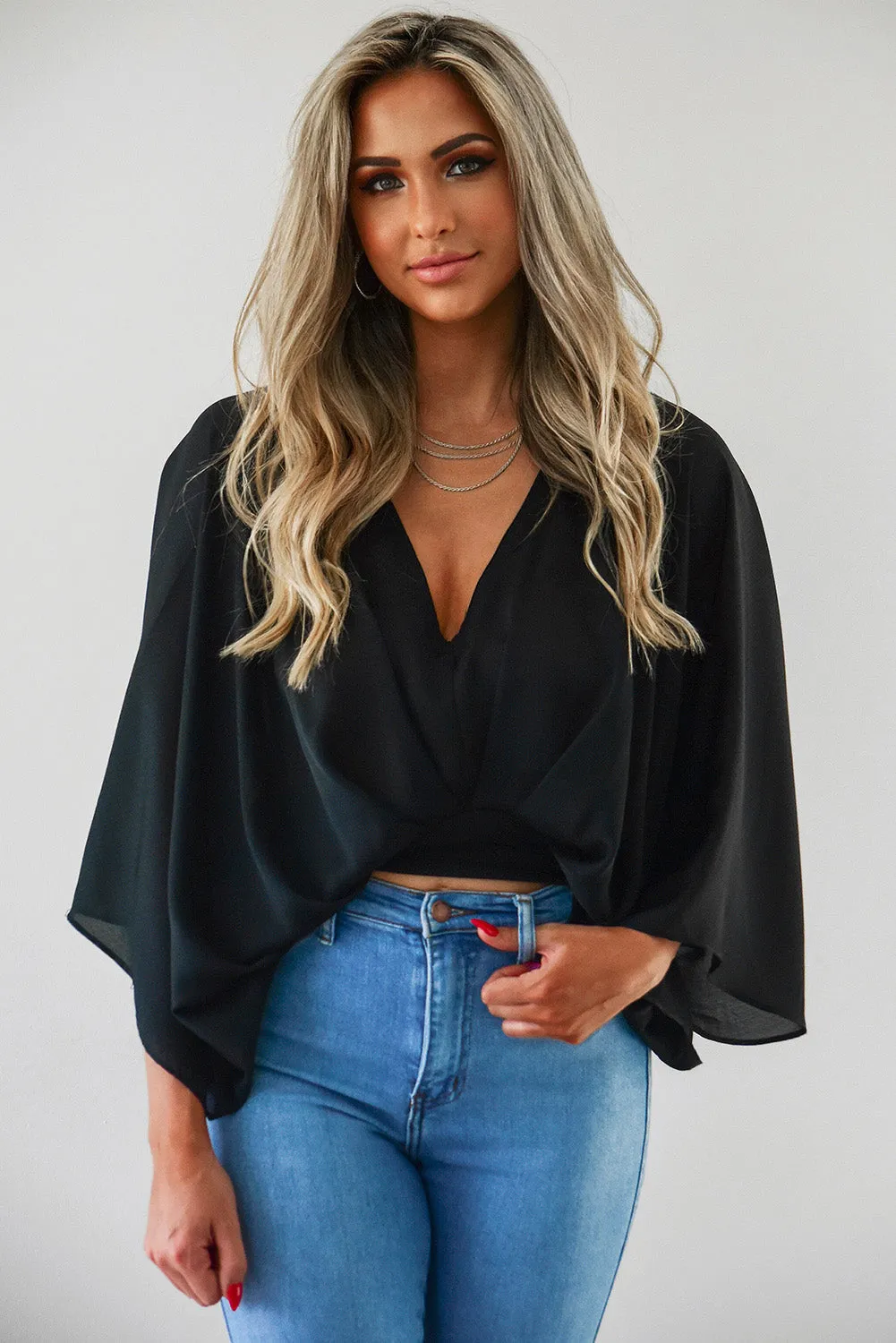 BerryBetty - Black V Neck Flared Sleeves Crop Top