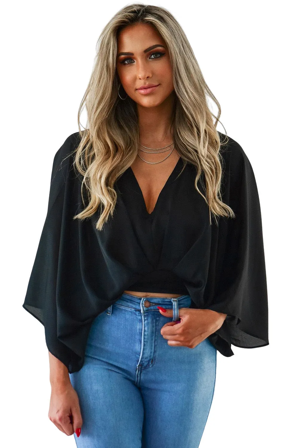 BerryBetty - Black V Neck Flared Sleeves Crop Top