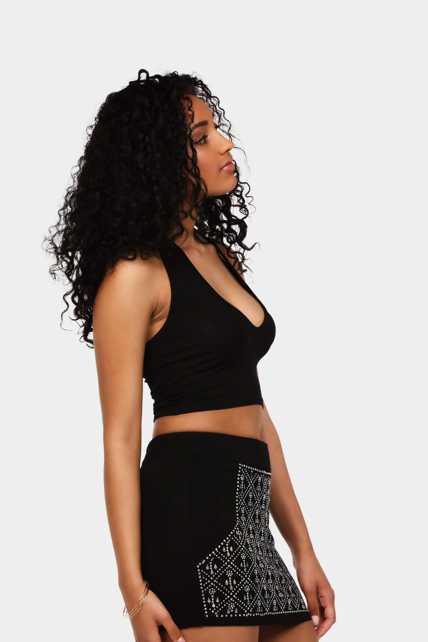 Black Deep V Halter Crop Top