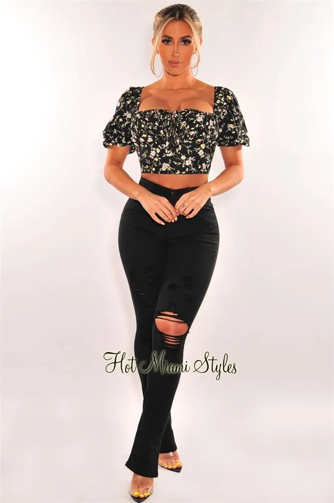 Black Floral Print Tie Up Short Sleeves Crop Top