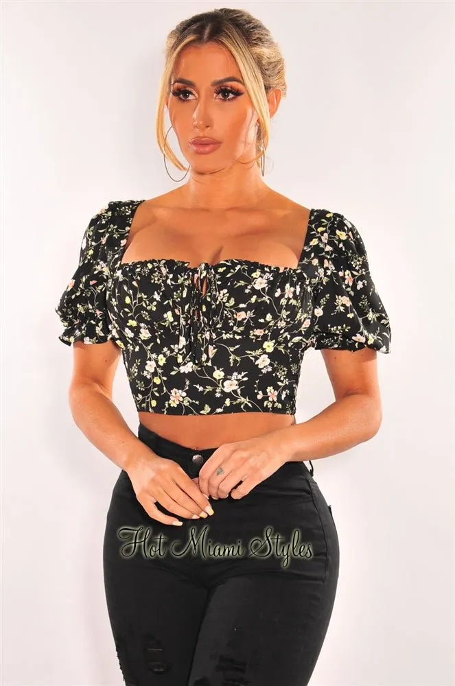 Black Floral Print Tie Up Short Sleeves Crop Top