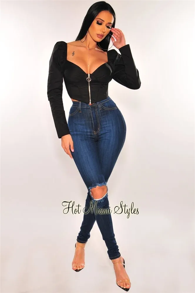 Black O-Ring Zipper Boned Long Sleeves Crop Top