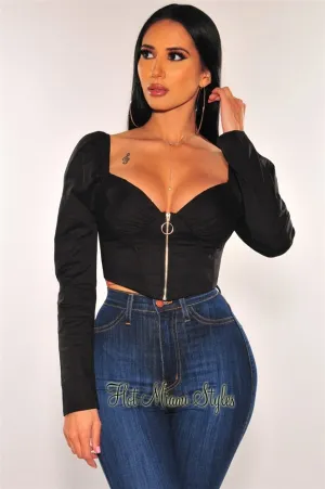 Black O-Ring Zipper Boned Long Sleeves Crop Top