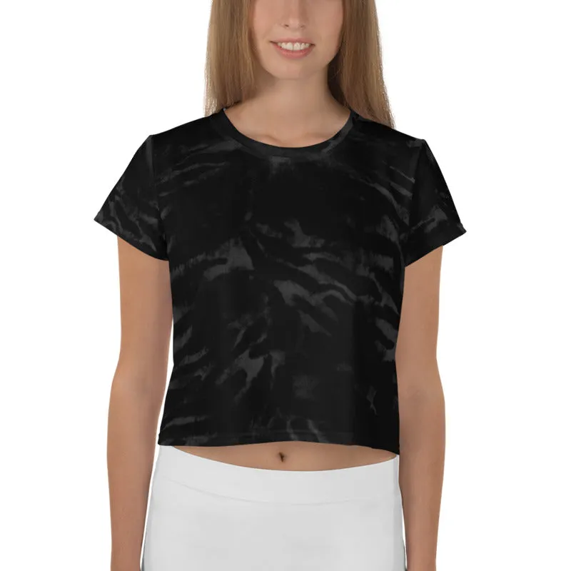 Black Tiger Striped Crop Tee, Animal Print Women's Animal Print Crop T-Shirt-Made in USA/EU