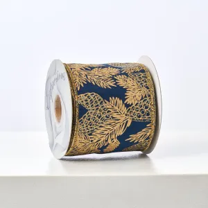 Blue and Gold Holiday Pine Wired Ribbon - 10 Yard Spool