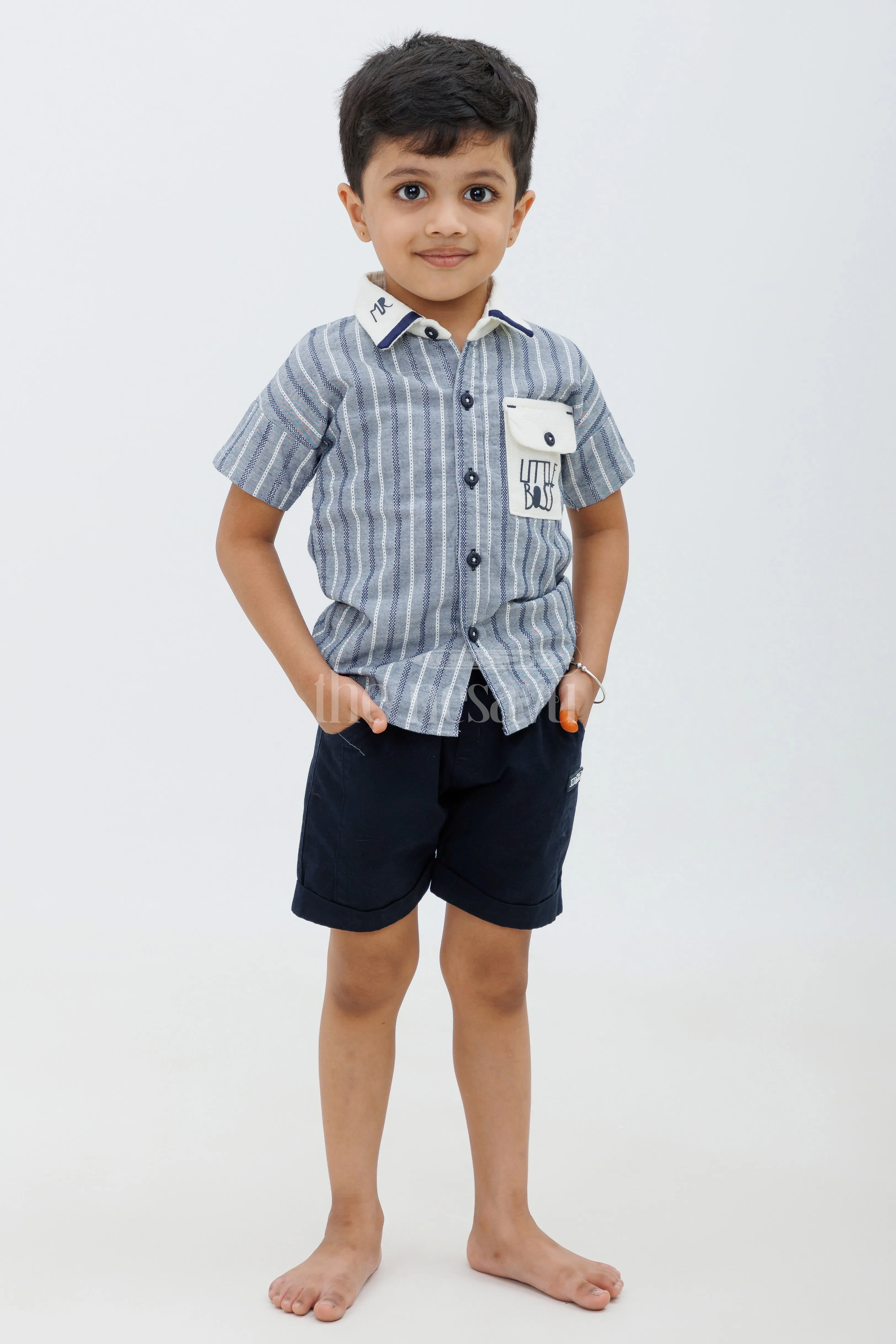 Boys Grey Striped Half Sleeve Shirt and Navy Shorts Set