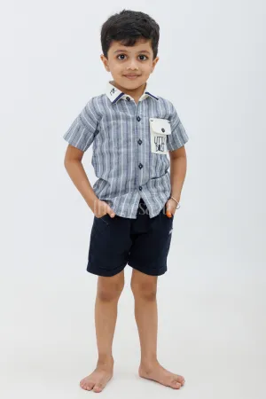 Boys Grey Striped Half Sleeve Shirt and Navy Shorts Set