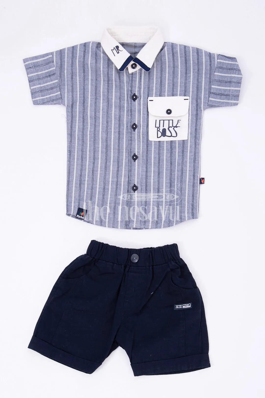 Boys Grey Striped Half Sleeve Shirt and Navy Shorts Set