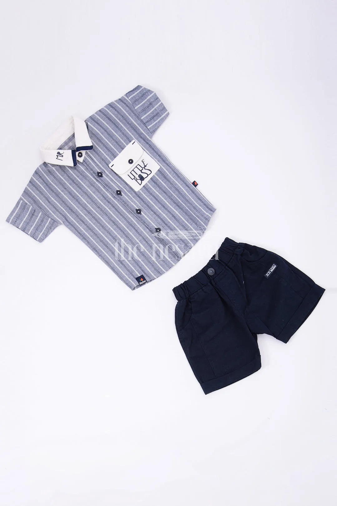 Boys Grey Striped Half Sleeve Shirt and Navy Shorts Set