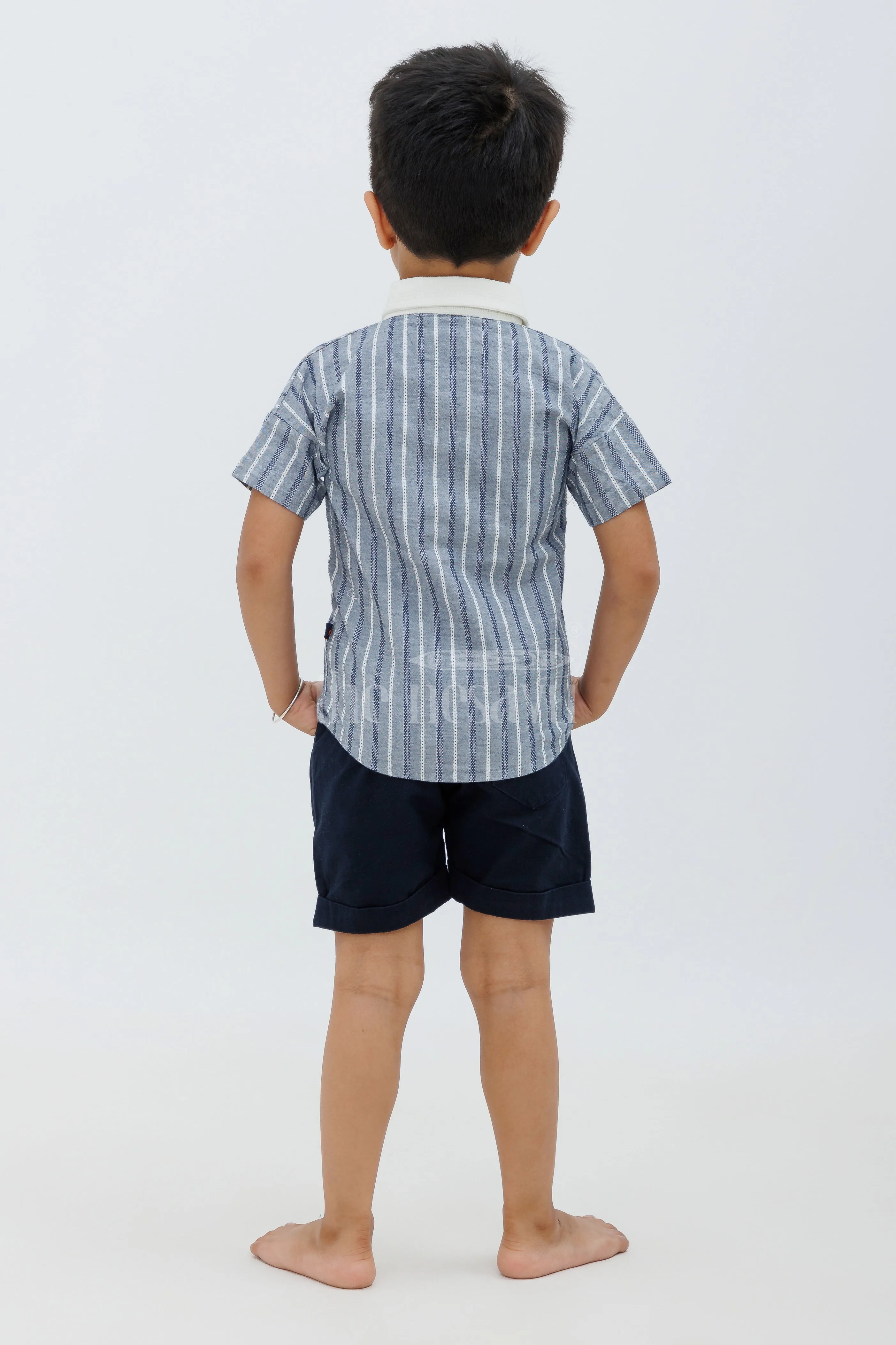 Boys Grey Striped Half Sleeve Shirt and Navy Shorts Set