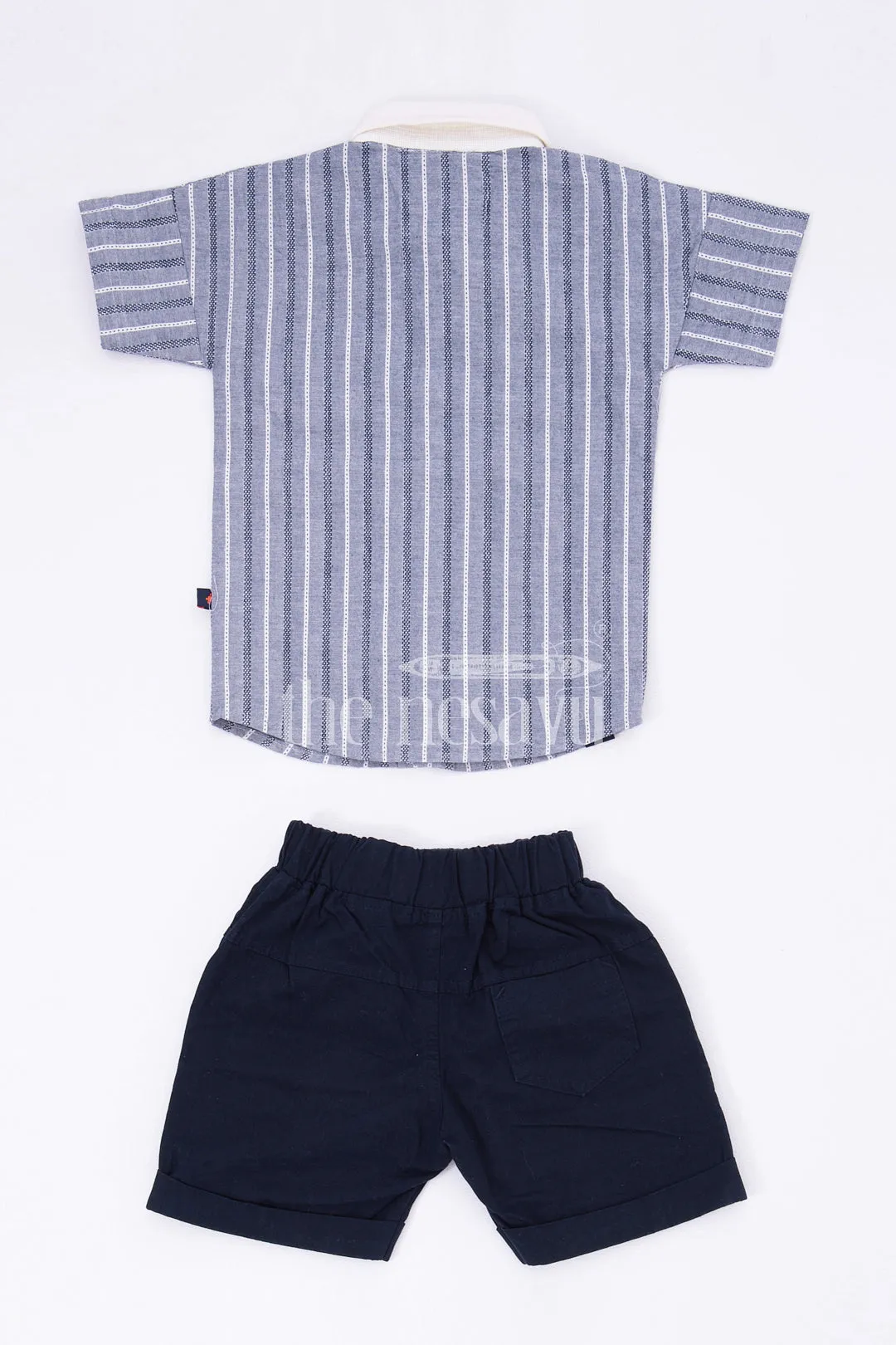 Boys Grey Striped Half Sleeve Shirt and Navy Shorts Set