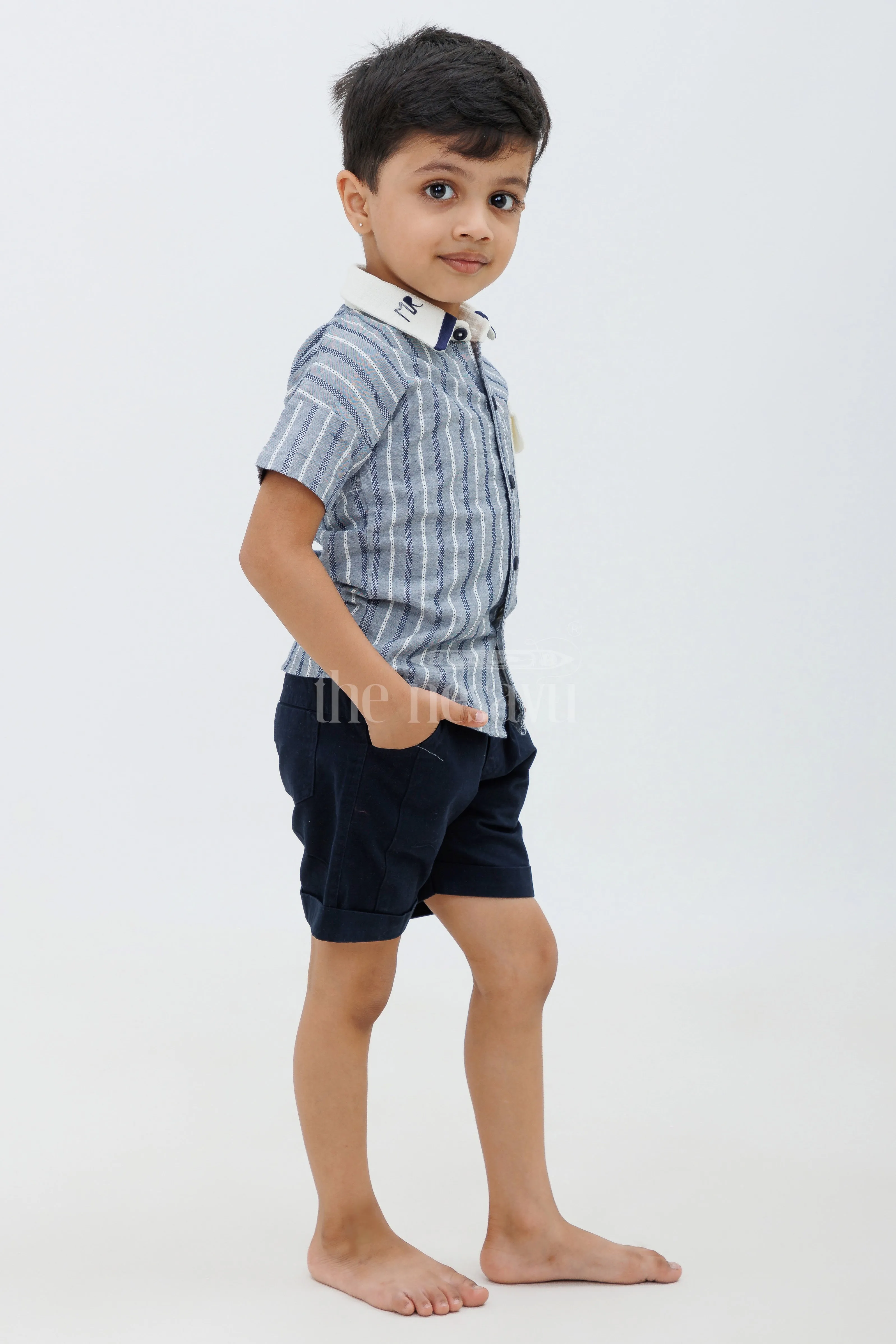 Boys Grey Striped Half Sleeve Shirt and Navy Shorts Set