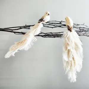 Cream Real Ostrich Feather Clip-On Bird Ornament - Set of 2 Left and Right