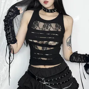 Dark Punk Sexy Bodycon Out Gothic Techwear Lace Crop Mall Grunge Cut Splice Top