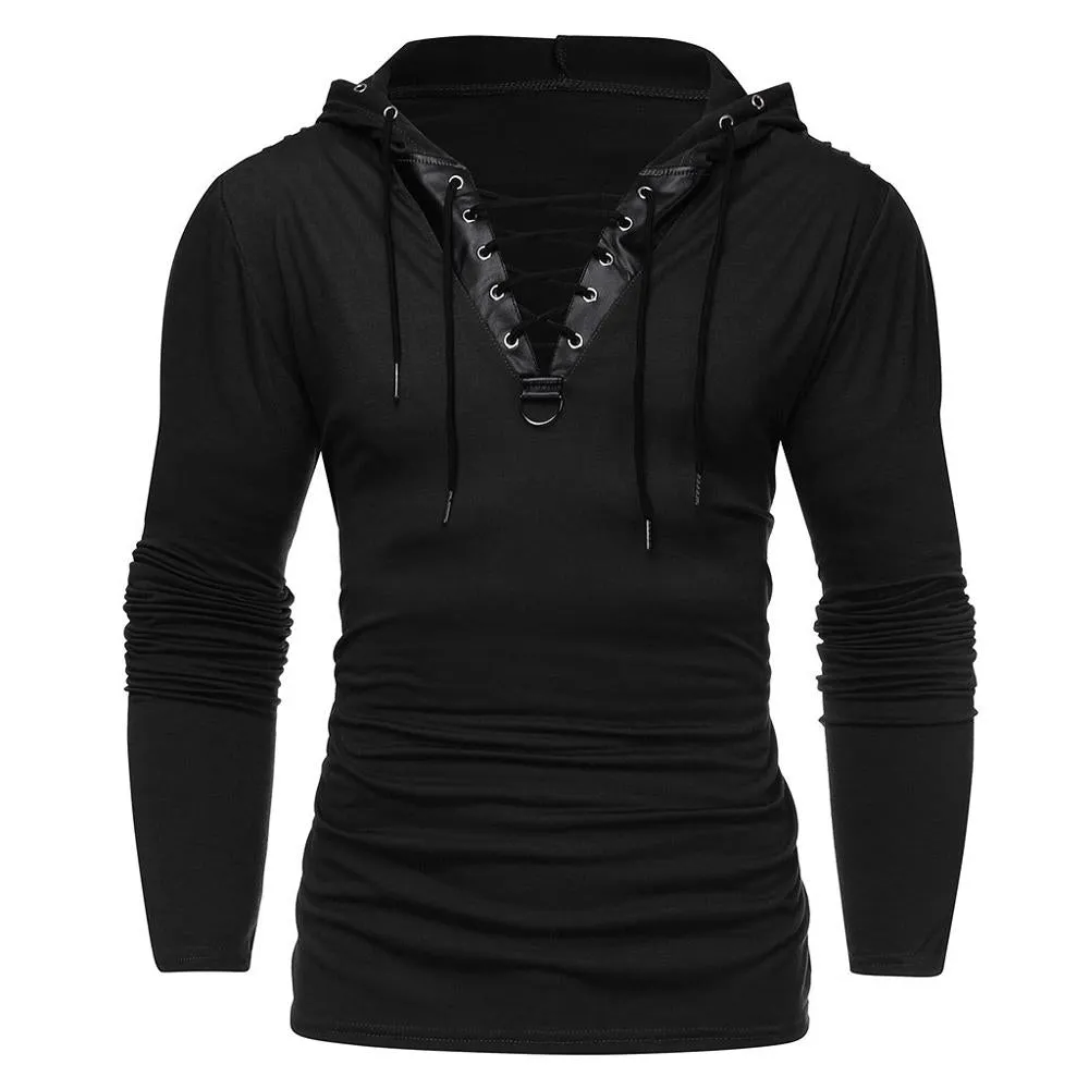 'Dexter' Black Goth Mens V-Neck Hooded Top