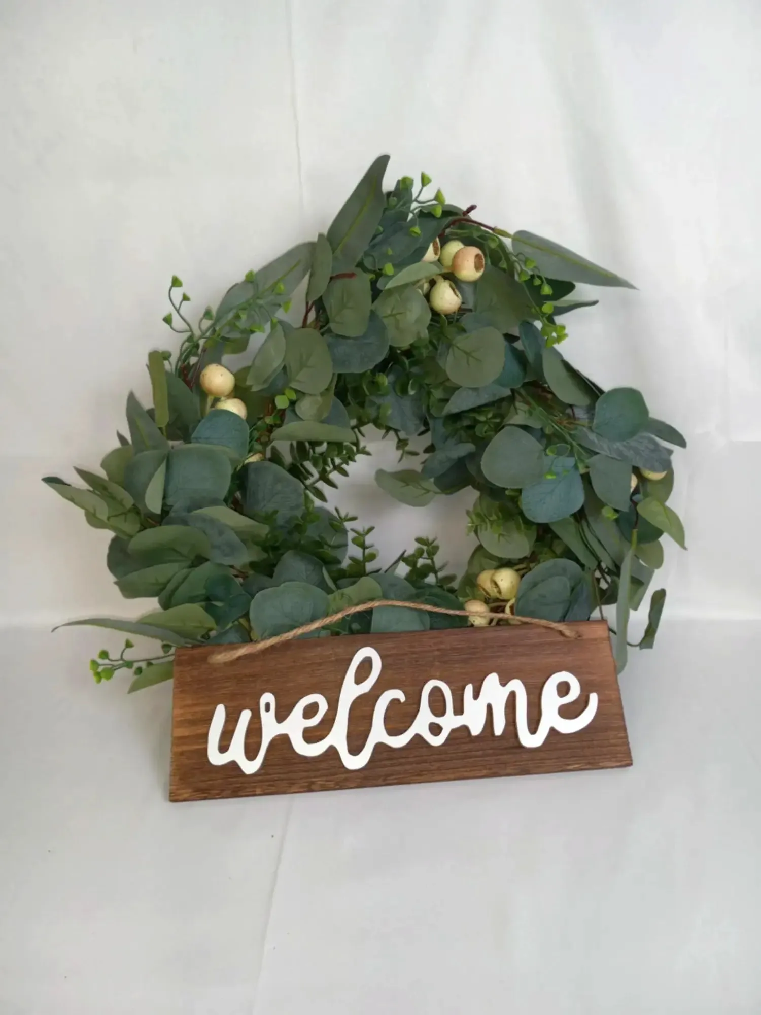 Green Artificial Eucalyptus Wreath with Welcome Sign, 20”