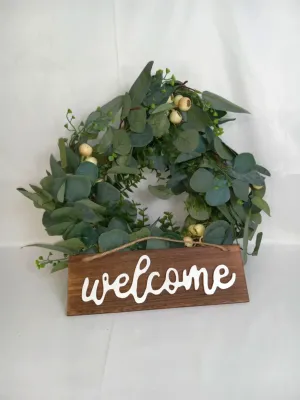 Green Artificial Eucalyptus Wreath with Welcome Sign, 20”