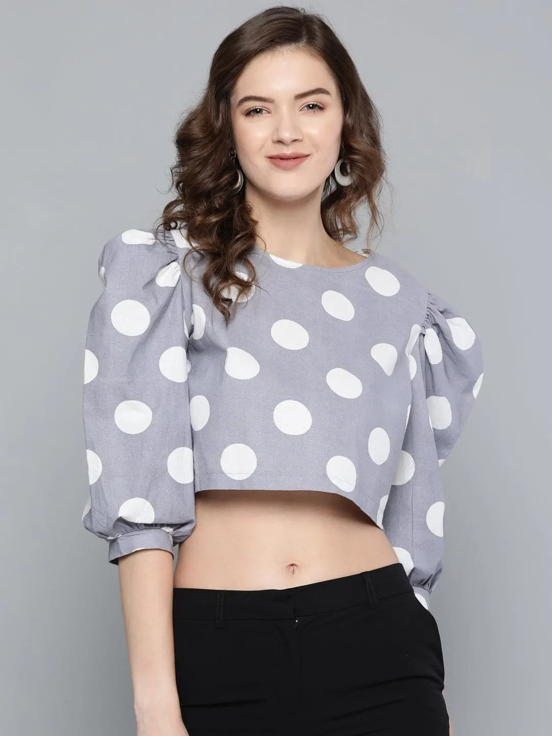 Grey & White Polka Puff Sleeve Crop Top