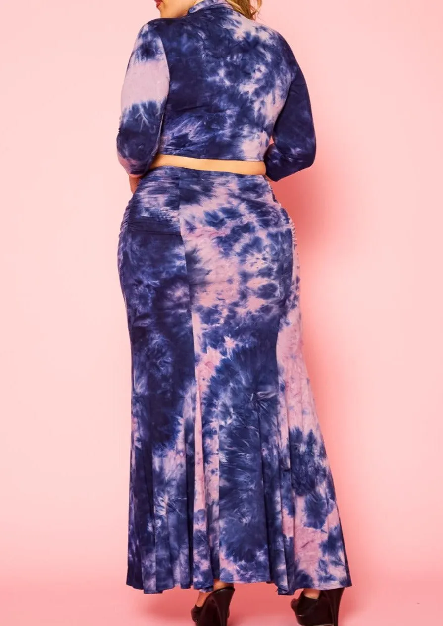 Hi Curvy Plus Size Tie Dye Crop Top & Mermaid Flare Skirt