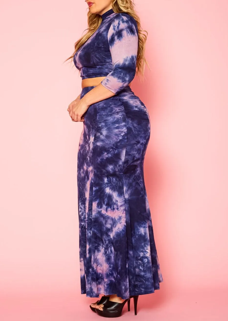 Hi Curvy Plus Size Tie Dye Crop Top & Mermaid Flare Skirt