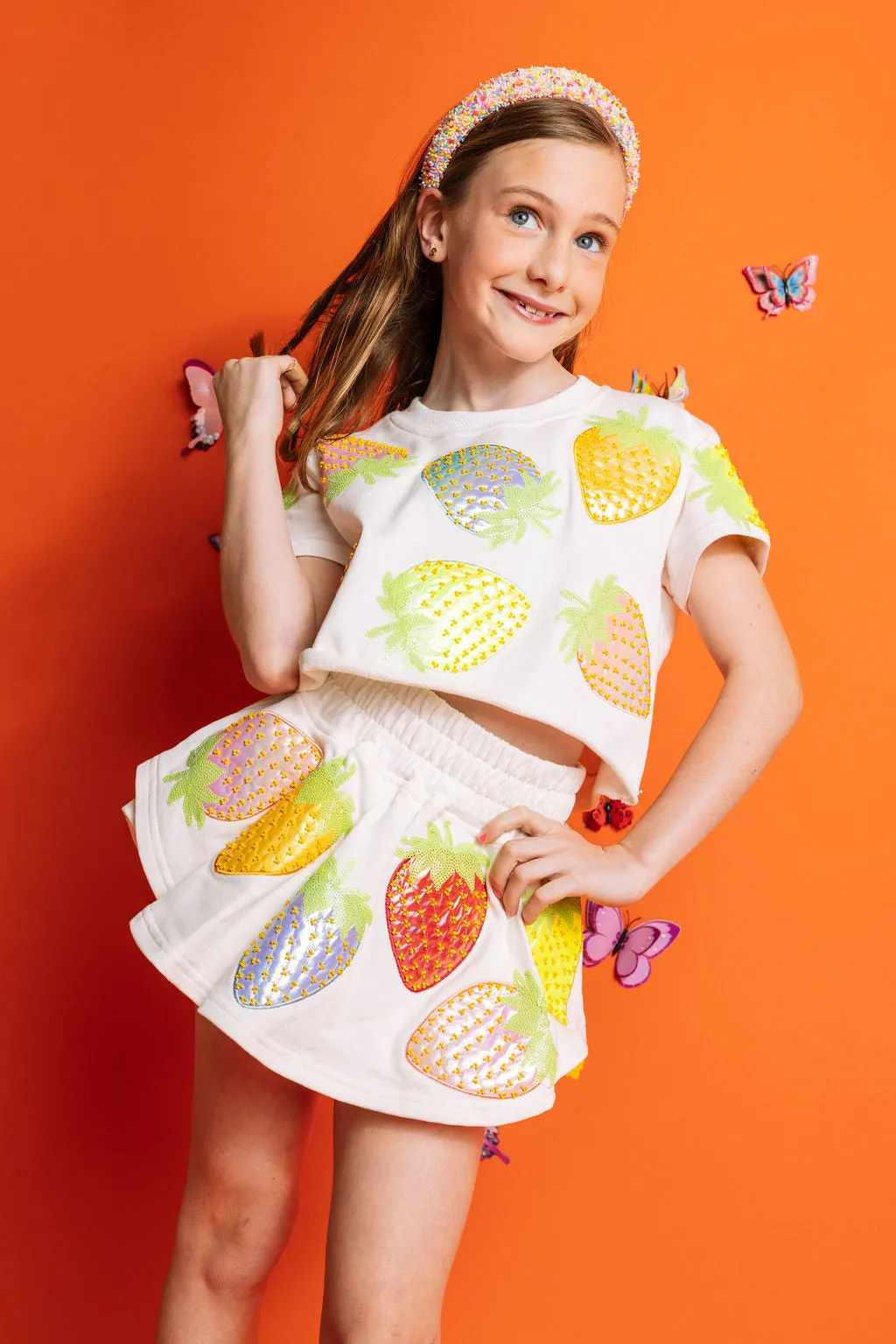 Kids White Metallic Strawberry Skort