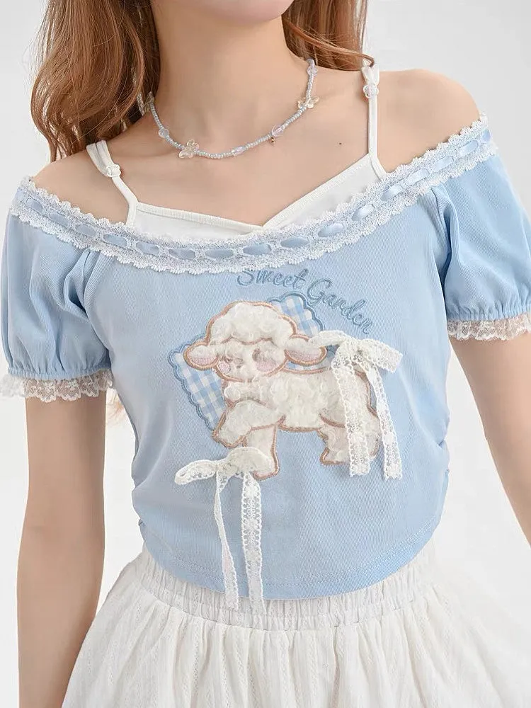 Lamb Love Cute Patch Short Sleeve Tee & Off Shoulder Top