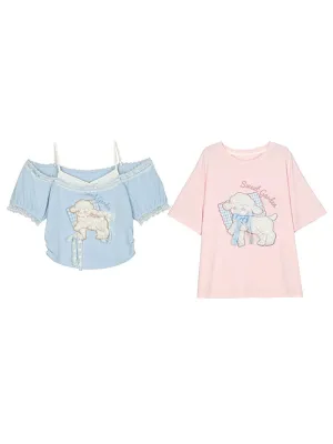 Lamb Love Cute Patch Short Sleeve Tee & Off Shoulder Top