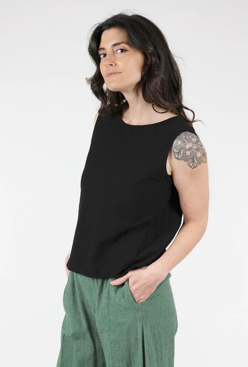 Linen-Cotton Jersey Shell, Black