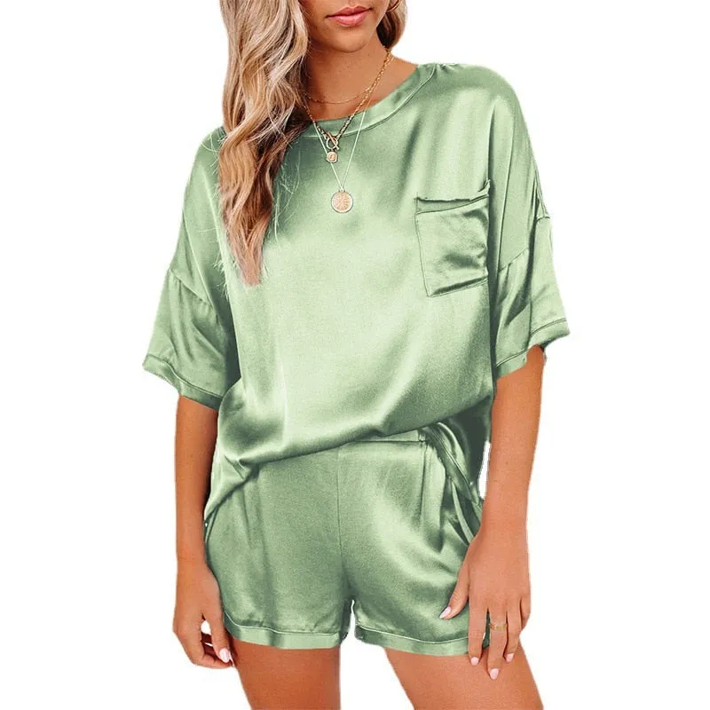 Loungewear 2-Piece Short Silky Polyester Elasticized Waist Top Pocket