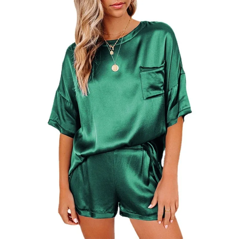 Loungewear 2-Piece Short Silky Polyester Elasticized Waist Top Pocket