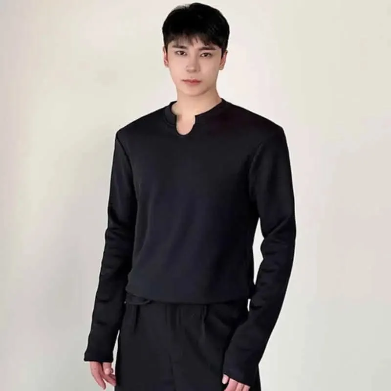 Men T-shirt Niche Design Irregular Round Collar Solid Color Male Long Sleeve Tops Casual Men's Clothing Autumn 9C4635