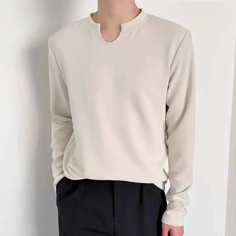 Men T-shirt Niche Design Irregular Round Collar Solid Color Male Long Sleeve Tops Casual Men's Clothing Autumn 9C4635