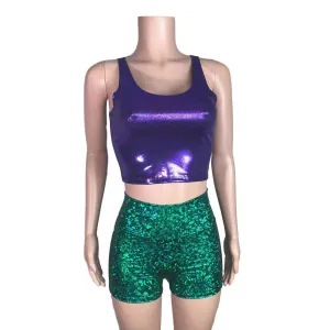 Mermaid Costume - green mermaid scales Booty Shorts and purple crop top outift - Clubwear, Rave Wear, Mini Circle Skirt