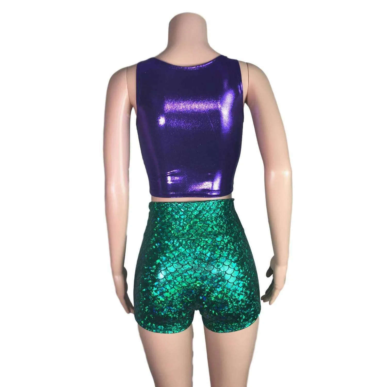 Mermaid Costume - green mermaid scales Booty Shorts and purple crop top outift - Clubwear, Rave Wear, Mini Circle Skirt