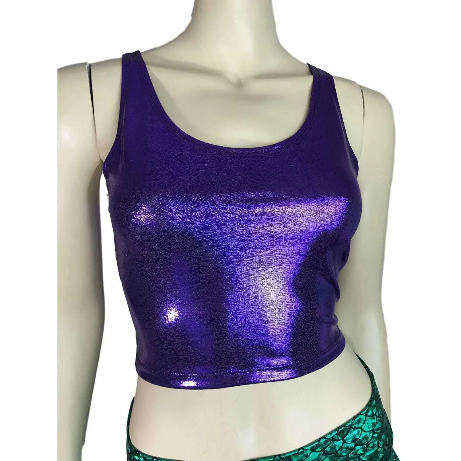 Mermaid Costume - green mermaid scales Booty Shorts and purple crop top outift - Clubwear, Rave Wear, Mini Circle Skirt