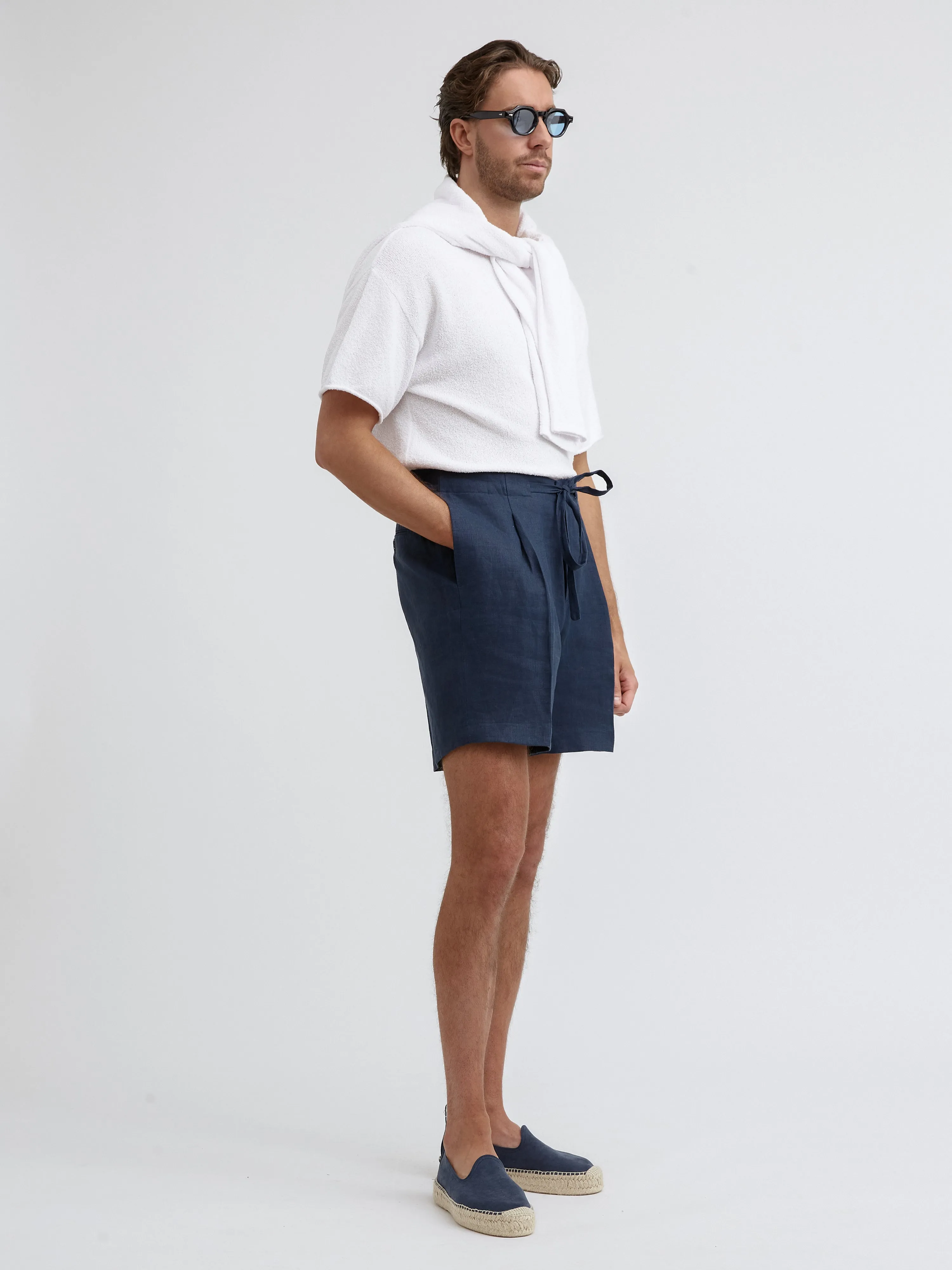 Navy Linen Drawstring Shorts (Wide Fit)