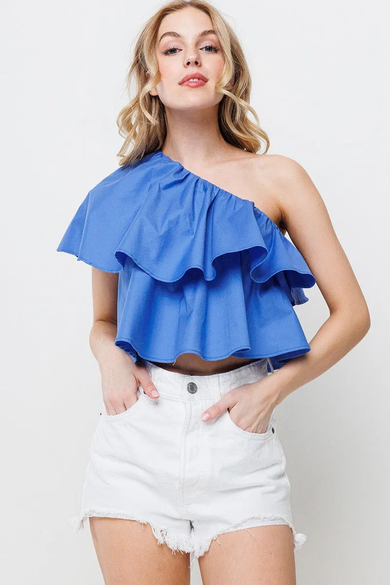 RUFFLED ONE SHOULDER CROP TOP IN BLUE