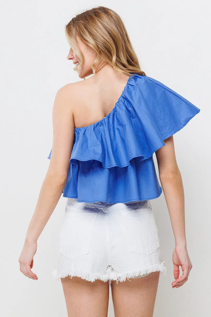 RUFFLED ONE SHOULDER CROP TOP IN BLUE