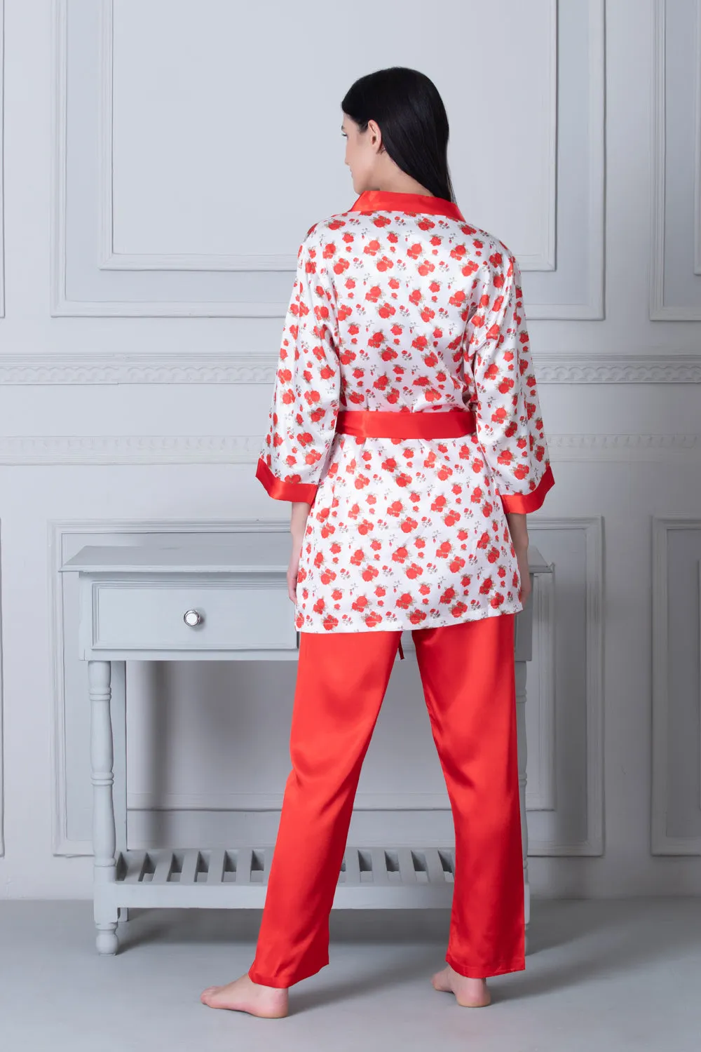 Satin Night suit with floral Robe Red & White