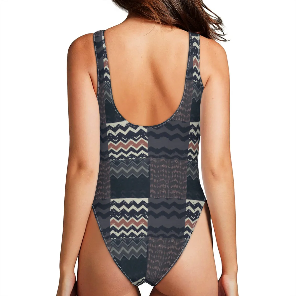 Vampire Art Grunge Patchwork High Leg One-Piece Swimsuit - Herringbone and Chains