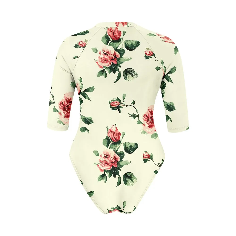 Vampire Art Half-sleeve Zipper Swimsuit - Retro Roses