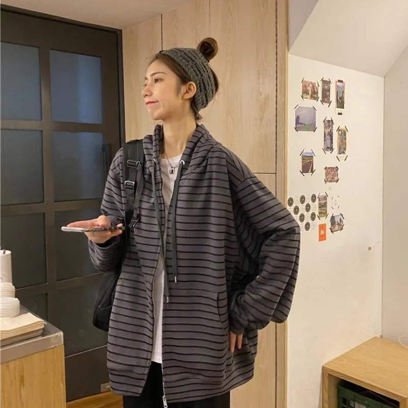 Women's Casual Zipper Loose Striped Hoodies