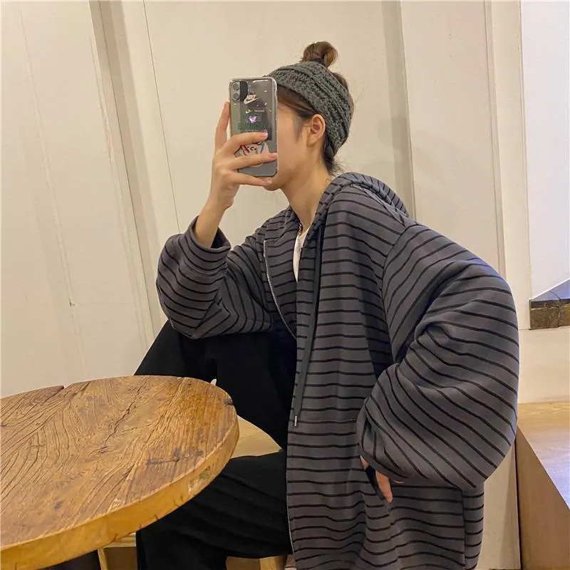 Women's Casual Zipper Loose Striped Hoodies